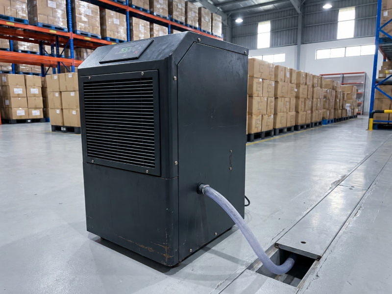 Máy hút ẩm công nghiệp tách nước ngưng tụ từ không khí và xả liên tục qua ống thoát nước sàn.